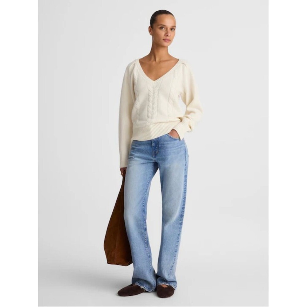 Madewell V-Neck Pullover Sweater Women’s XS Cream Relaxed Cable Stitch Wool - Picture 2 of 4